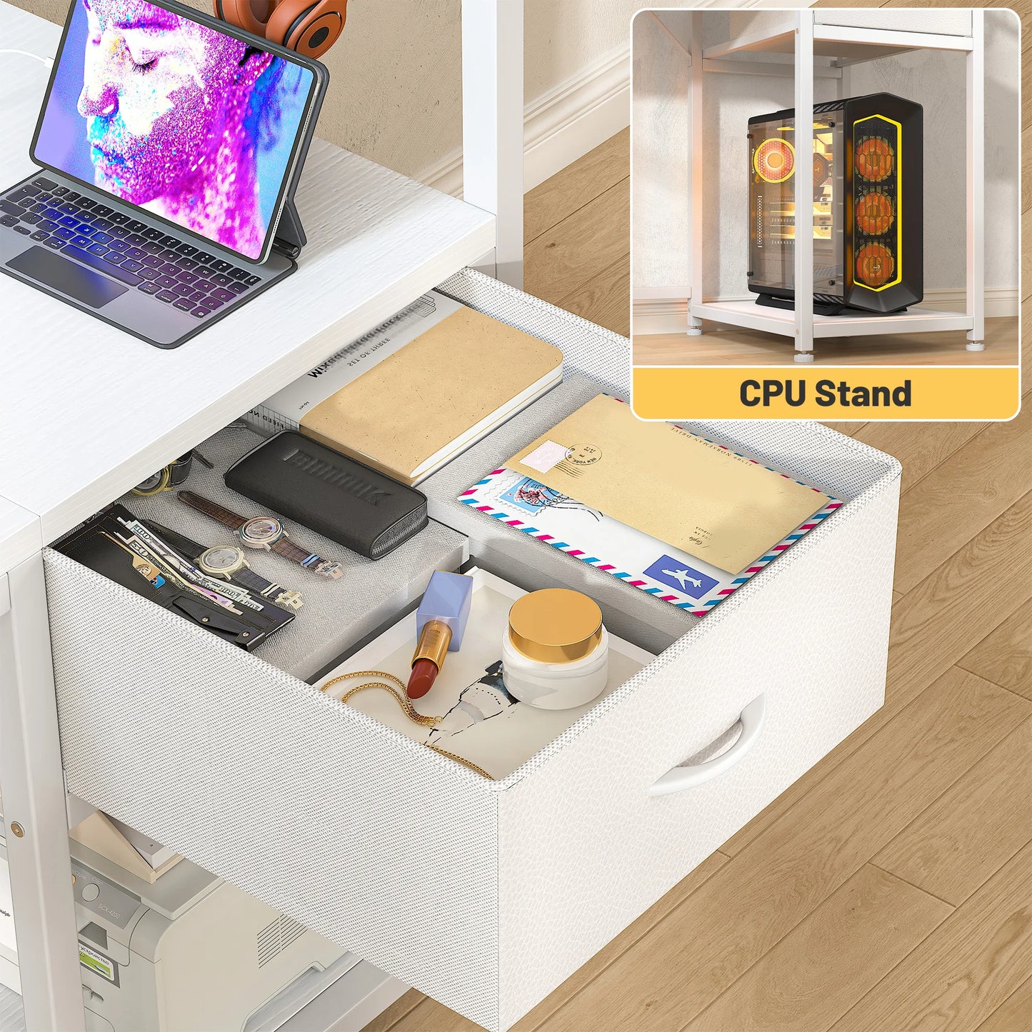 EnHomee 40" Gaming Desk with Power Outlets & RGB LED – Drawer, Storage Shelves & Monitor Stand