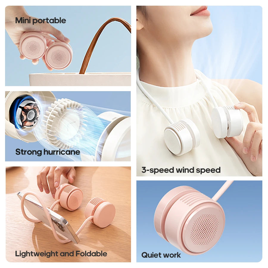 Kinscoter Neck Fan – 1600mAh Foldable Rechargeable, 3-Speed Silent Cooling Fan for Sports & Home (GXZ-F88)