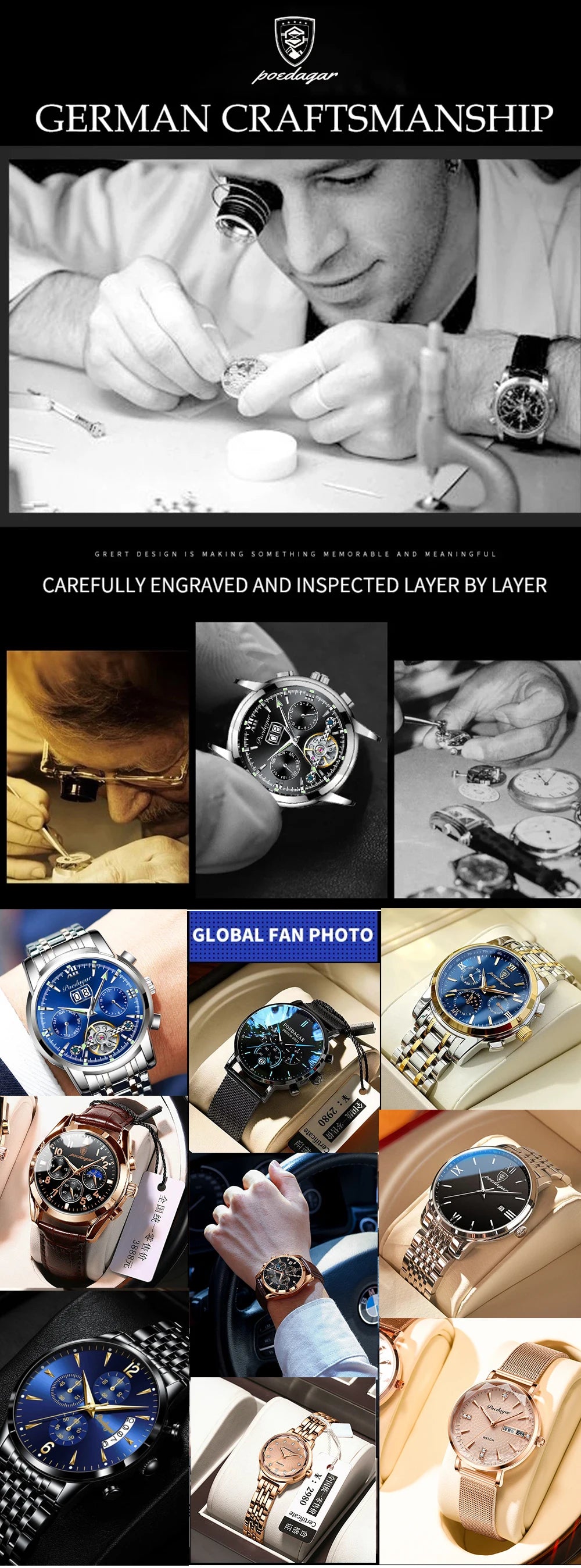 POEDAGAR Men's Luxury Watch – Stainless Steel, Waterproof, Luminous, Date Display, With Box