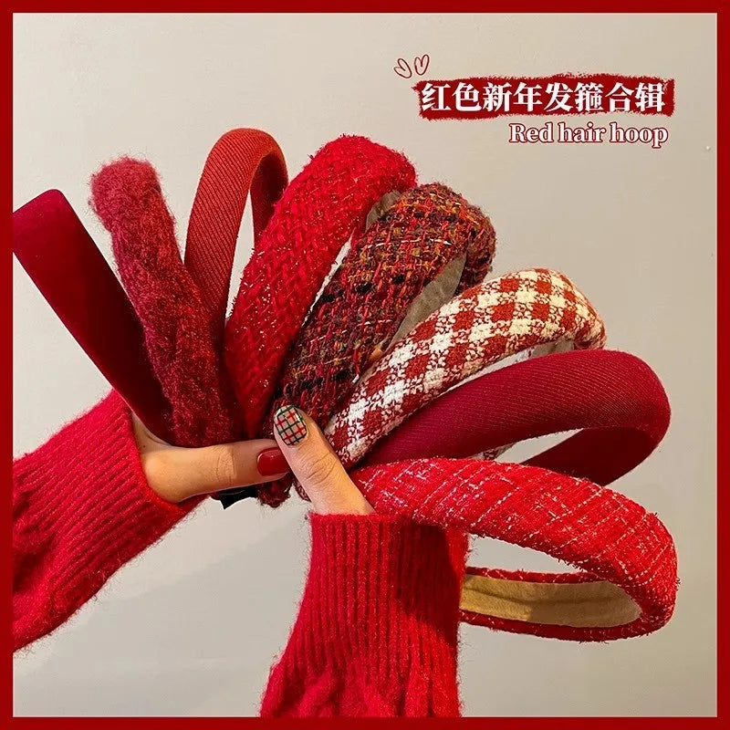 Red Christmas fashion headband with vintage wool style, festive cloth hair accessory for holiday styling.