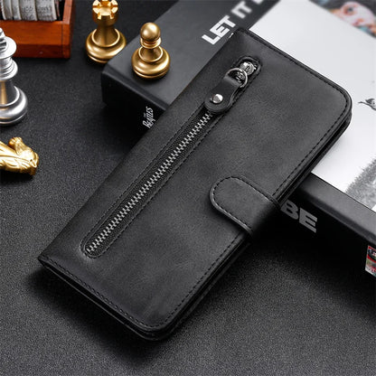 Leather iPhone 16 Plus zipper wallet case with card slots and magnetic stand, designed by R.E.D. Shopping for phone protection and convenience.