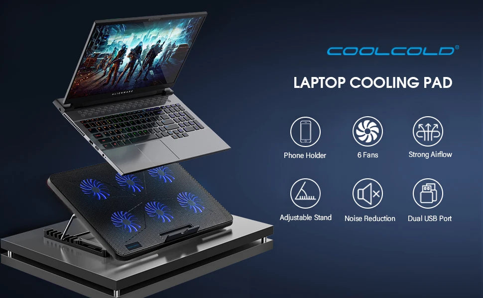 Coolcold Laptop Cooling Pad 15.6"-17.3" – 6 Fans, 7 Height Levels