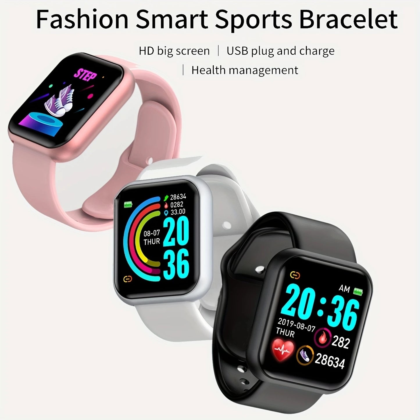 R.E.D. Shopping smart watch with Bluetooth fitness tracker, music control, and calorie monitor showing digital display.