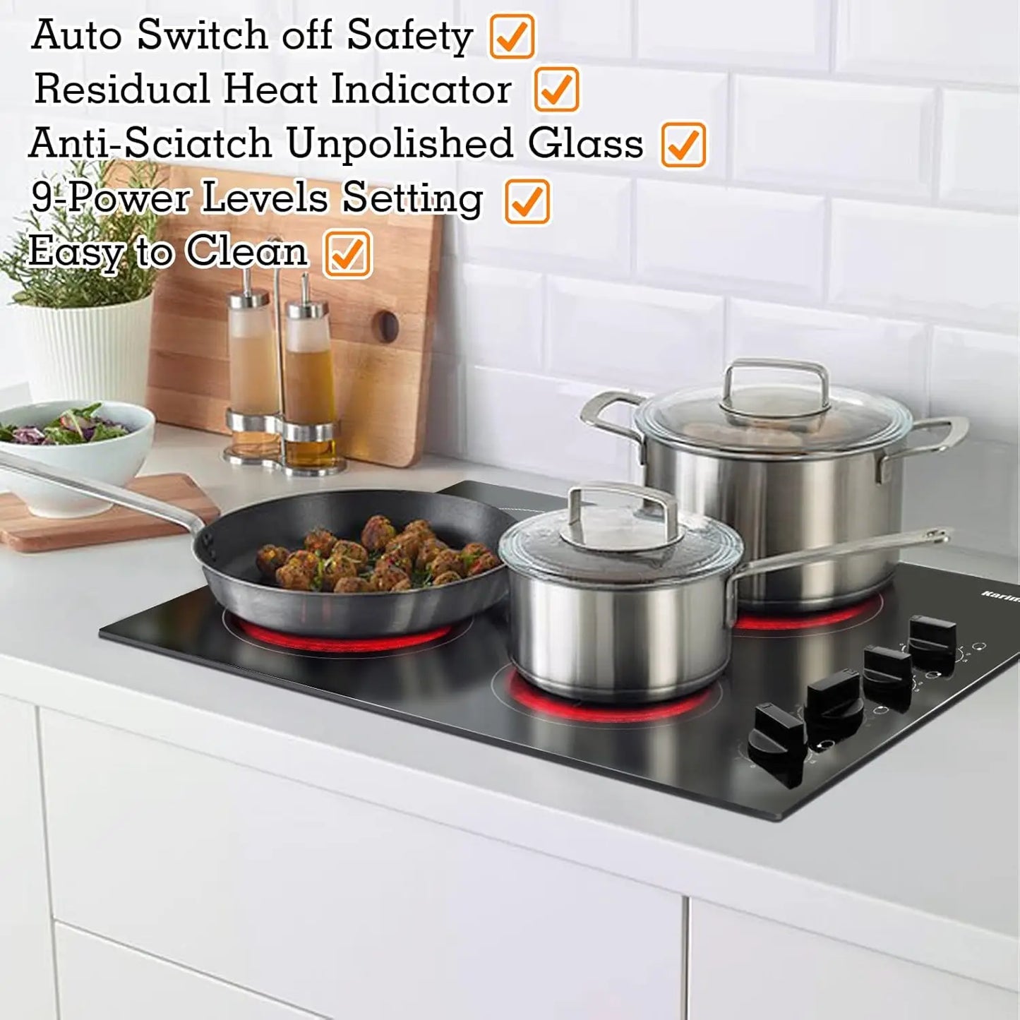 Karinear 4-Burner Electric Cooktop 24" 6000W – Knob Control, EU