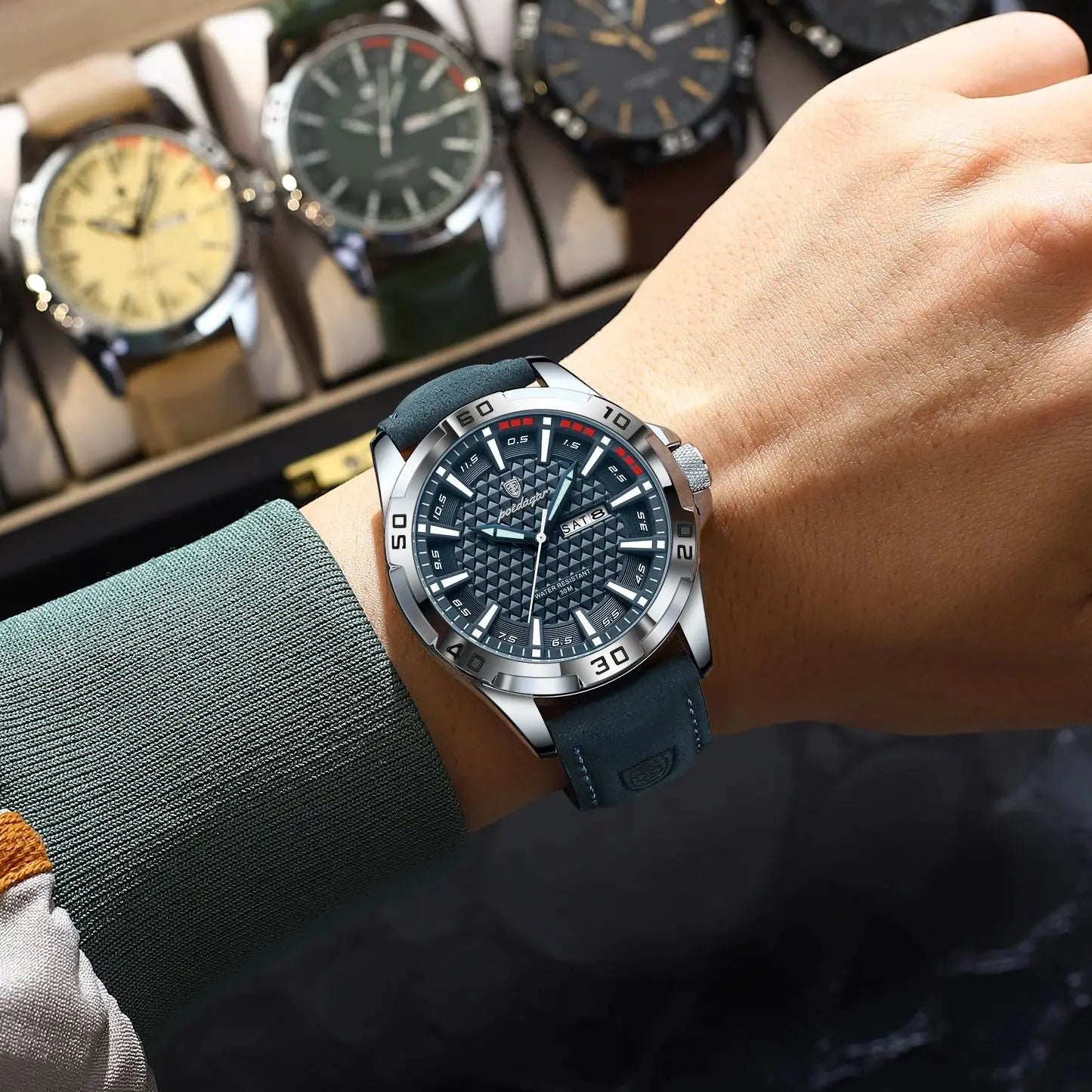 POEDAGAR Men's Luxury Wristwatch – Waterproof, Luminous, Date & Week Display, Quartz Sport Leather