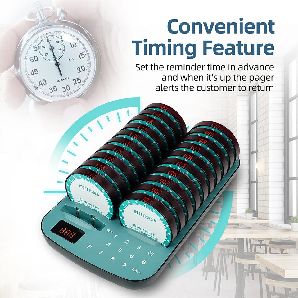 RETEKESS TD167A wireless restaurant pager system with coaster buzzers, ideal for food trucks, cafés, and hotels.