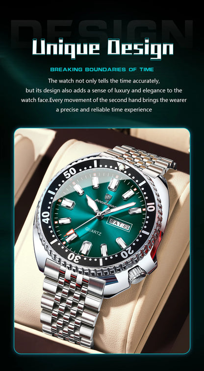 POEDAGAR Luxury Men's Quartz Watch – Date, Week, Luminous & Waterproof Stainless Steel