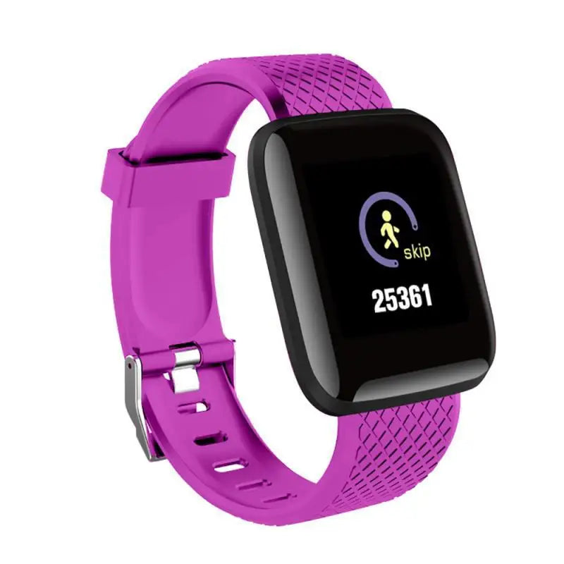 R.E.D. Shopping 116Plus smart watch with full touch screen, waterproof IP67 fitness tracker, black band, showing digital display.