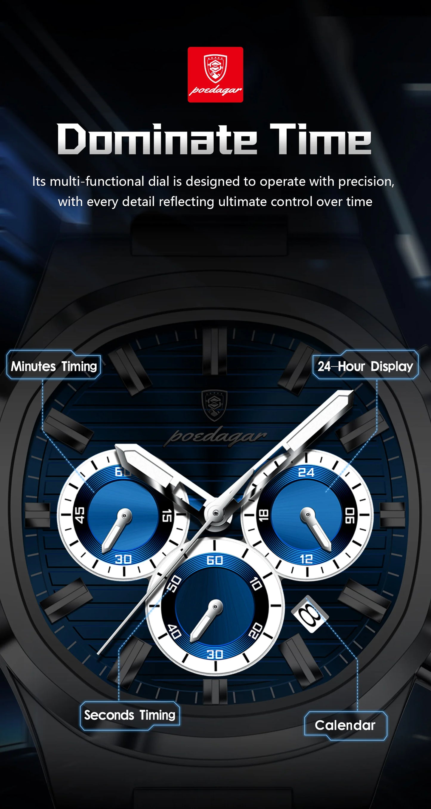 POEDAGAR Men's Luxury Chronograph Watch – Stainless Steel, Waterproof, Luminous, Date
