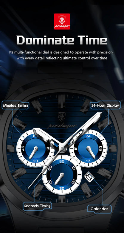 POEDAGAR Men's Luxury Chronograph Watch – Stainless Steel, Waterproof, Luminous, Date