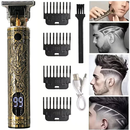 R.E.D. Shopping T9 Electric Hair Trimmer with USB charging, professional bald fade clipper, black and silver design.