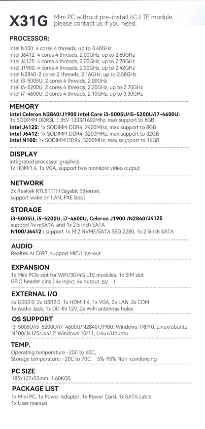 Fanless Industrial Mini PC – Intel N100, Dual LAN, 2x COM RS232/RS485, 4G LTE, GPIO, WiFi, Windows/Linux