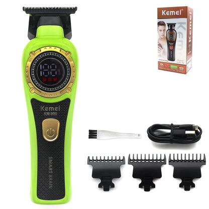 Kemei KM-999 Professional Hair Trimmer – DLC T-Blade, Zero Gap, LED Display, Cordless USB Clipper