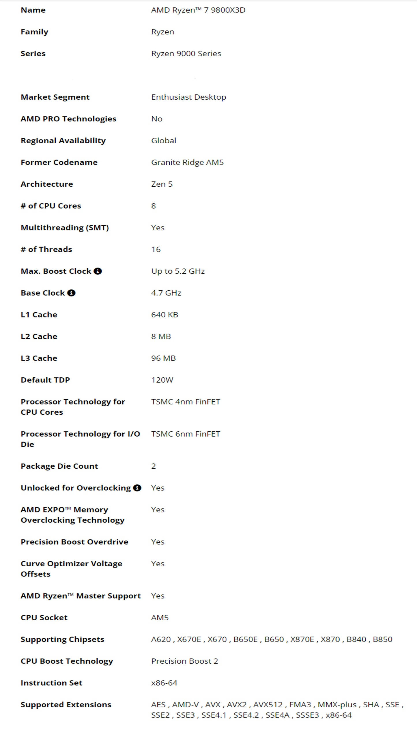 AMD Ryzen 7 9800X3D – 8C/16T, 5.2GHz, 96MB 3D V-Cache, AM5, 120W