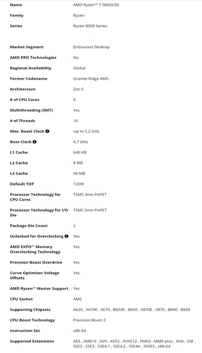 AMD Ryzen 7 9800X3D – 8C/16T, 5.2GHz, 96MB 3D V-Cache, AM5, 120W