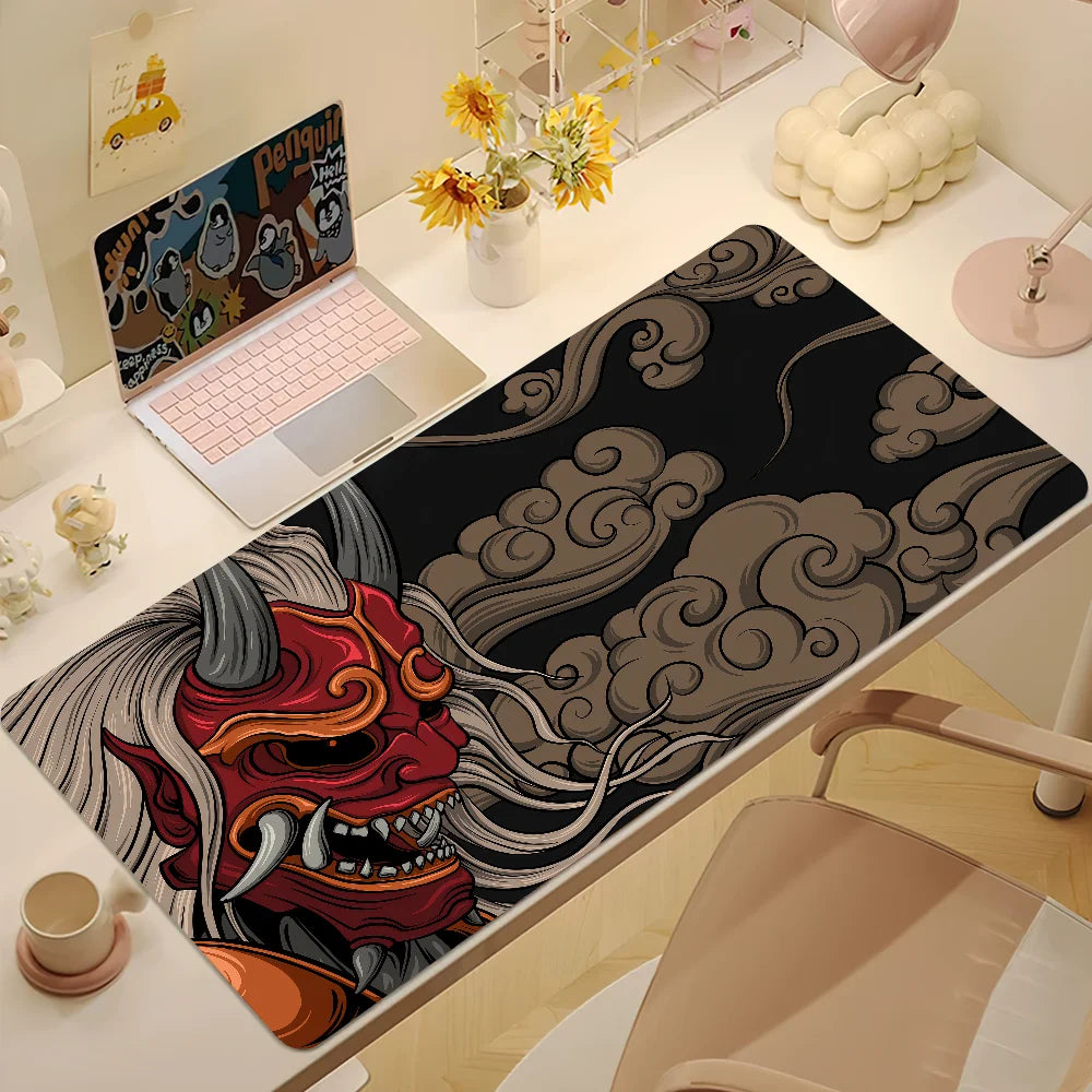 Large Japan Samurai Fantasy Mask gaming mouse pad with non-slip backing, featuring detailed samurai mask design for computer gaming setup.