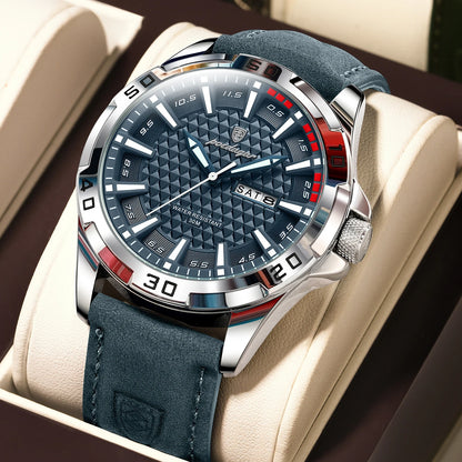 POEDAGAR Men's Luxury Wristwatch – Waterproof, Luminous, Date & Week Display, Quartz Sport Leather