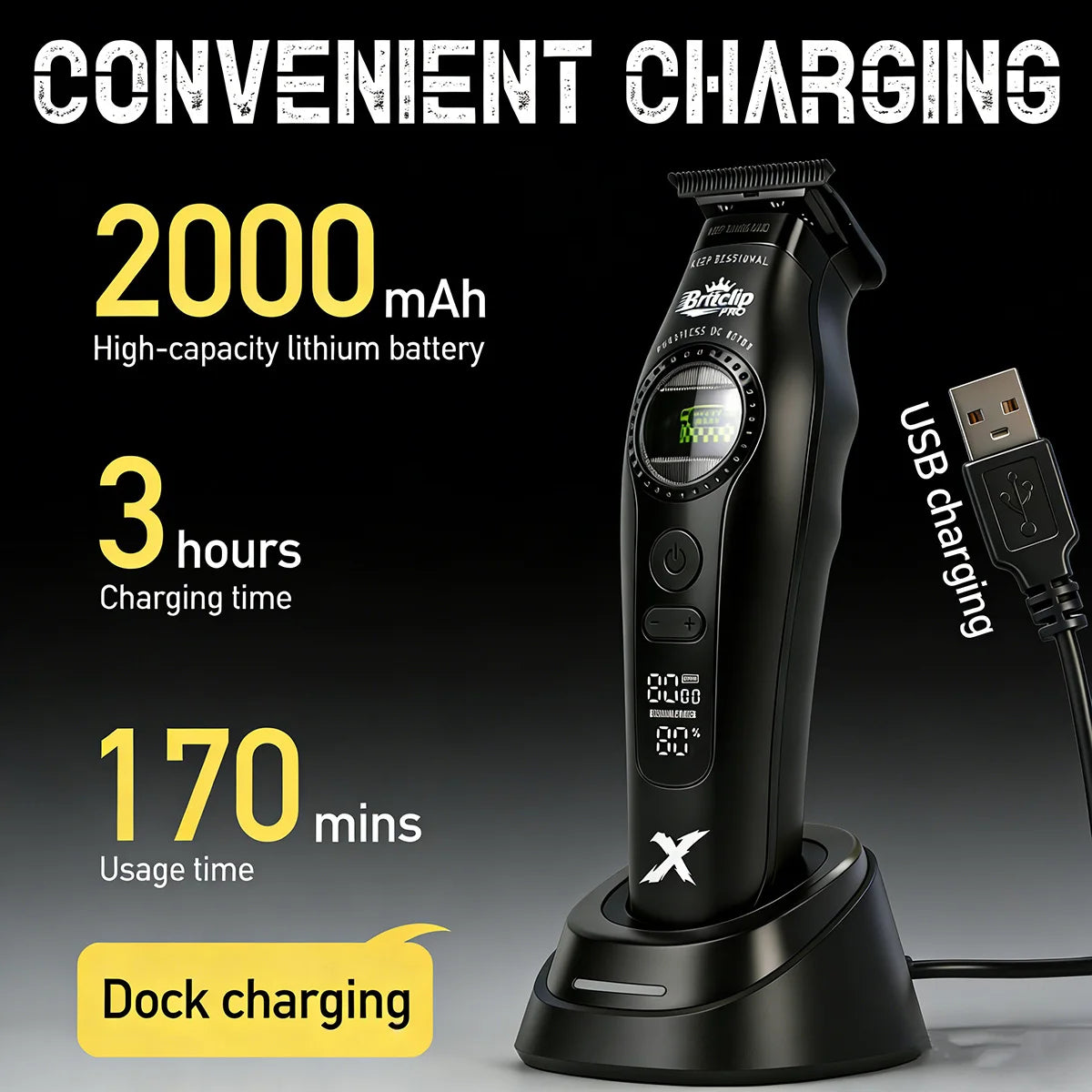 Professional Barber Hair Clipper – 5-Speed, 8000RPM, Brushless Motor, Detachable Blade