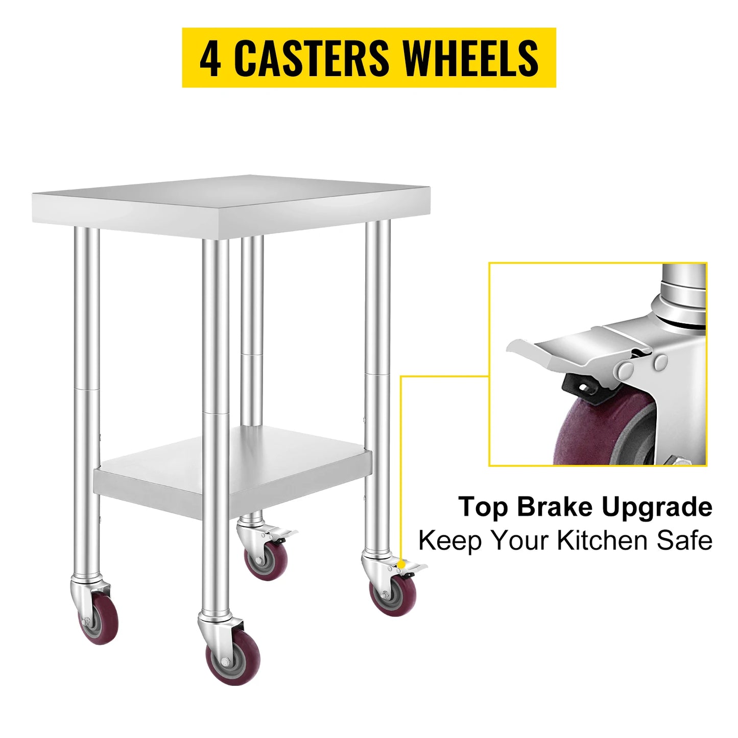 SucceBuy Stainless Steel Commercial Kitchen Worktable – Shelves & Caster Wheels