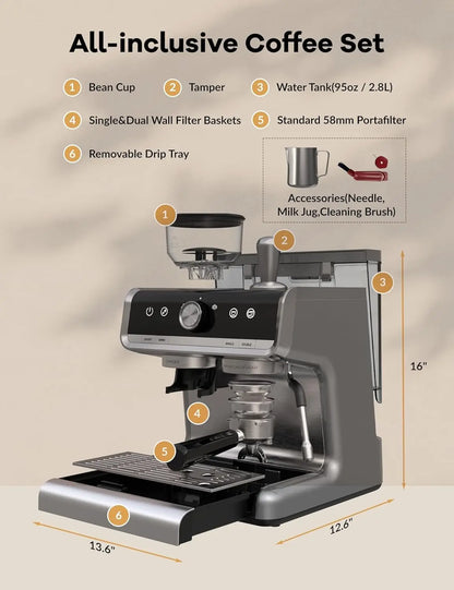 20 Bar Espresso Machine 1450W – Semi-Automatic, Built-in Grinder, Milk Frother, Latte & Cappuccino