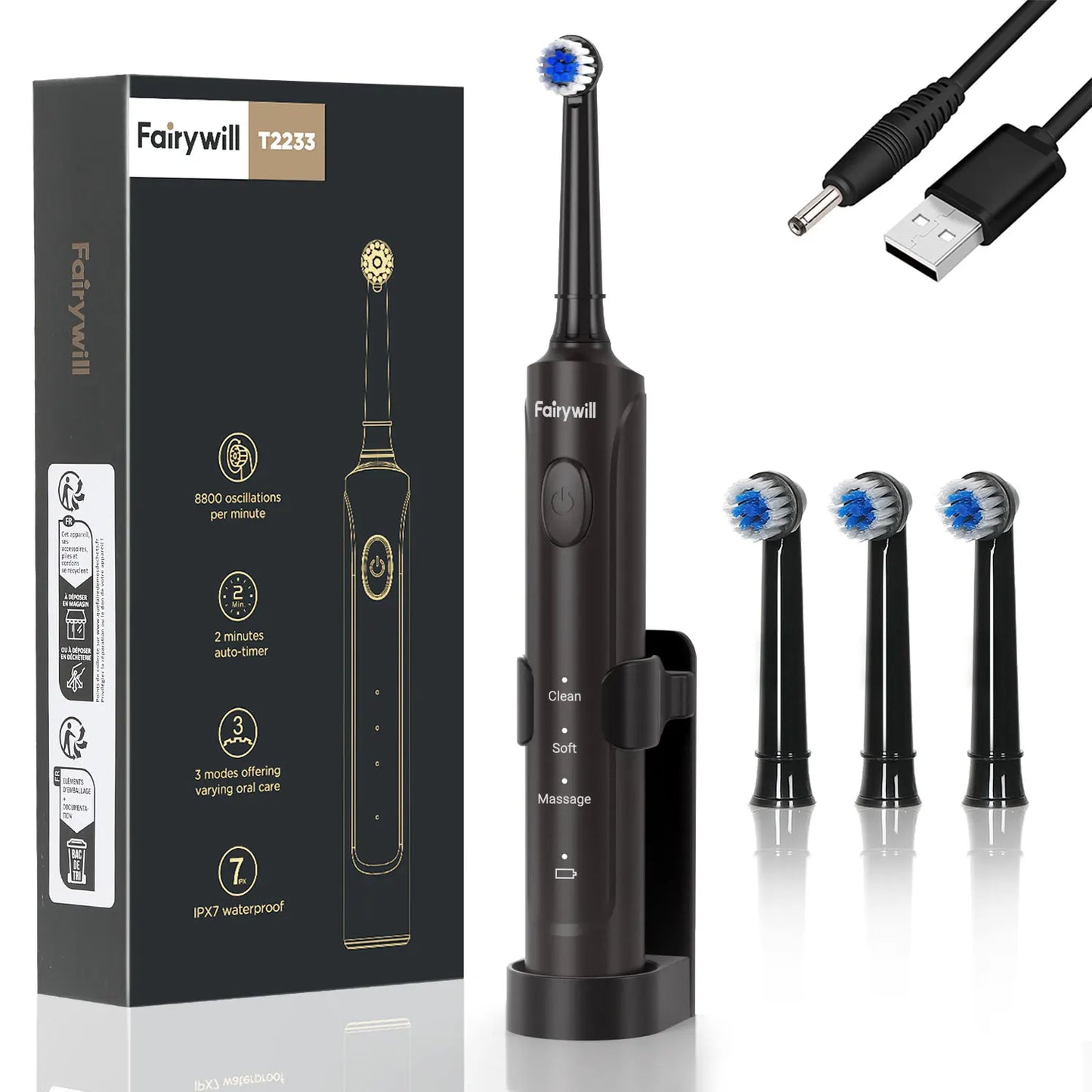 Fairywill T2233 Electric Toothbrush – Sonic Rotation, 4 Heads, 3 Modes, Rechargeable