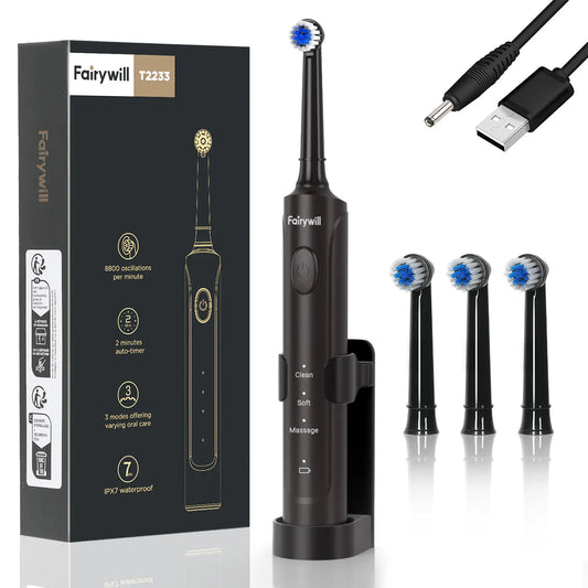 Fairywill T2233 Electric Toothbrush – Sonic Rotation, 4 Heads, 3 Modes, Rechargeable