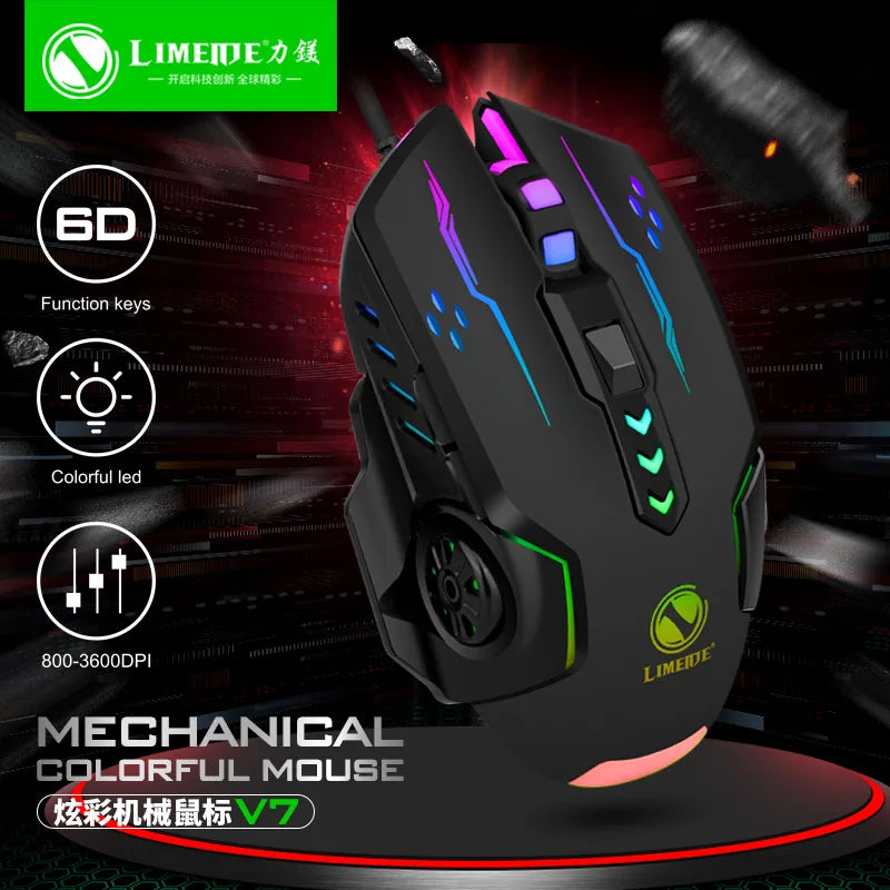 R.E.D. Shopping V7 wired mechanical gaming mouse with LED lights, ambidextrous design for laptops and desktops, close-up view.