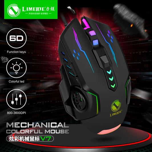 R.E.D. Shopping V7 wired mechanical gaming mouse with LED lights, ambidextrous design for laptops and desktops, close-up view.