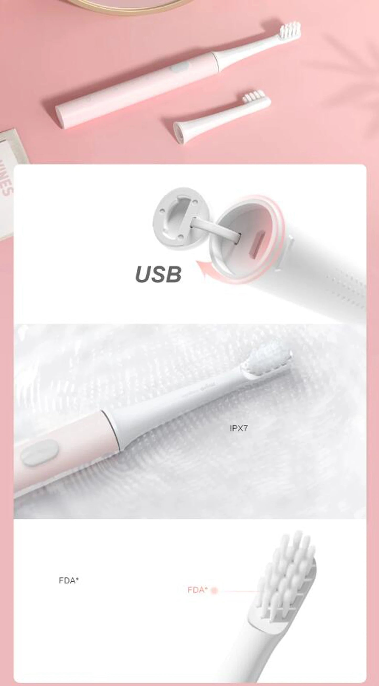 XIAOMI MIJIA T100 Sonic Electric Toothbrush – USB Rechargeable, IPX7 Waterproof, Ultrasonic Auto
