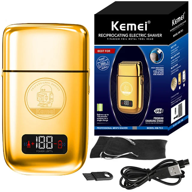 Kemei Km-Tx3 electric gold metal shaver with USB charging, anti-pinch design, for hair styling and grooming.