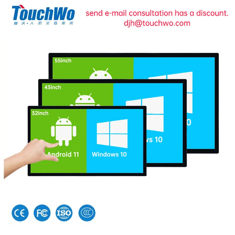 TouchWo interactive whiteboard, 32 to 65-inch smart touch display, large electronics monitor for educational and business use.