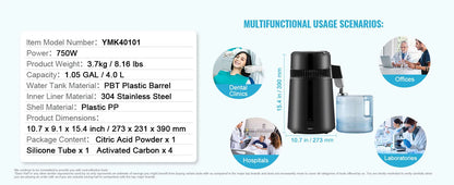 SucceBuy Water Distiller 4L – 750W Countertop Pure Water Purifier & Distilled Water Maker