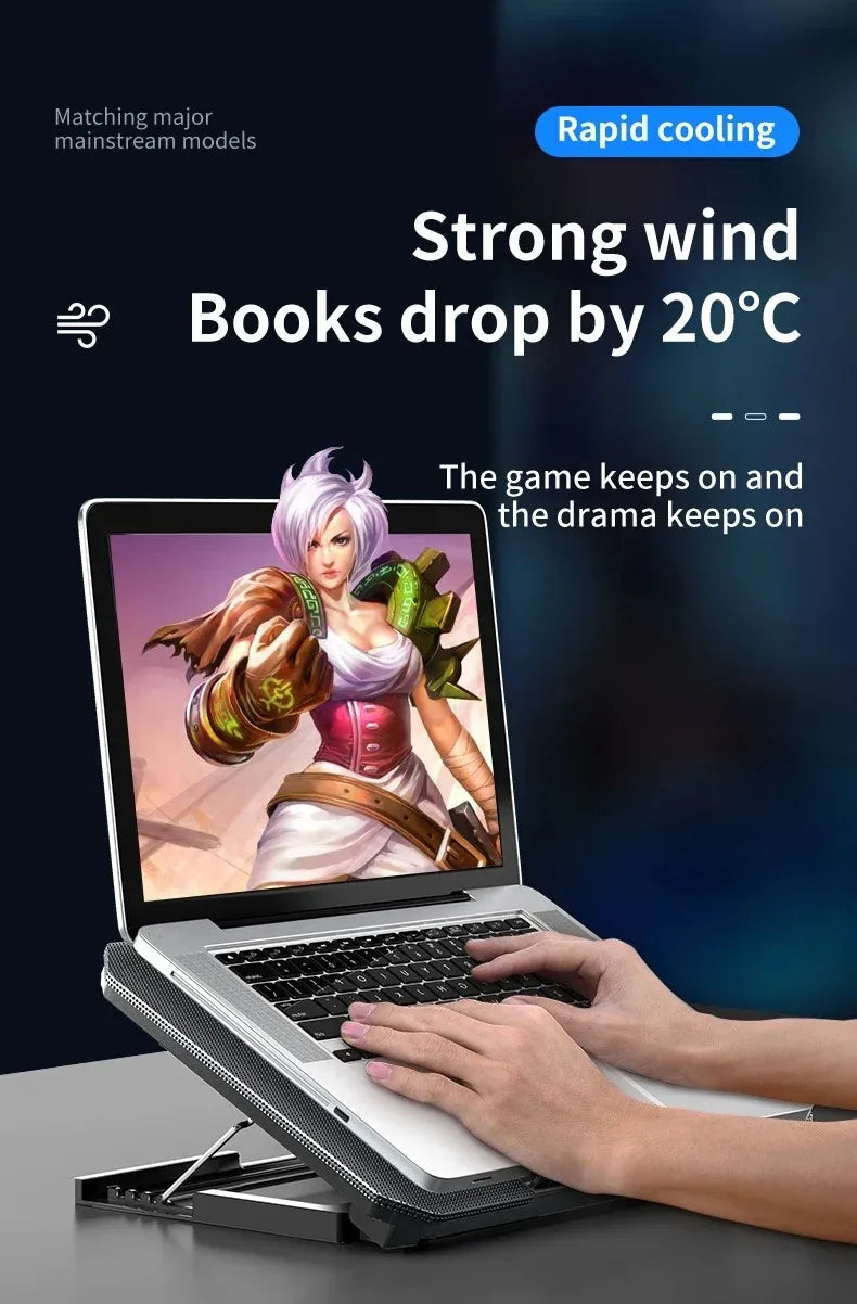 R.E.D. Shopping Q100 17-inch gaming laptop cooling pad with LED screen, dual USB ports, and 2600RPM fan for effective cooling.