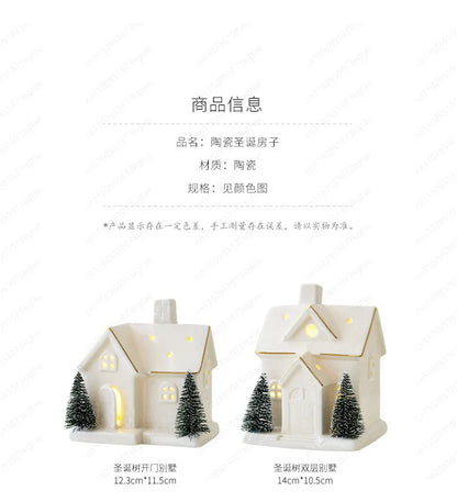 Christmas luminous snow house ceramic ornament with LED lighting, tabletop home decor by R.E.D. Shopping.
