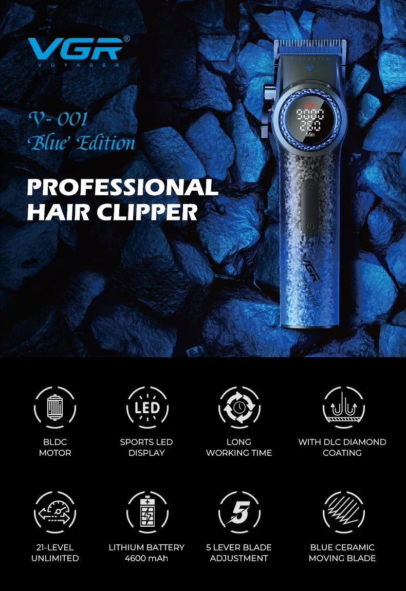 VGR V-001 Professional Hair Clipper – 9000RPM, 21-Speed, DLC Blades, 300min, USB