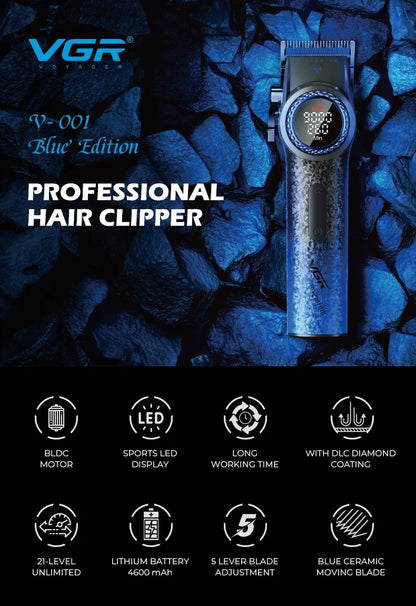 VGR V-001 Professional Hair Clipper – 9000RPM, 21-Speed, DLC Blades, 300min, USB