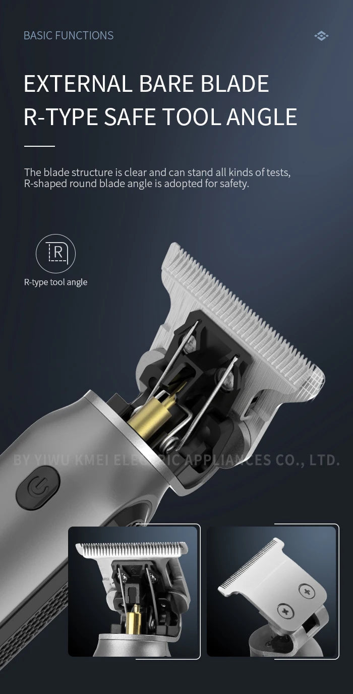 Kemei professional cordless hair trimmer with titanium blades, sleek black clipper for precise hair cutting and grooming.