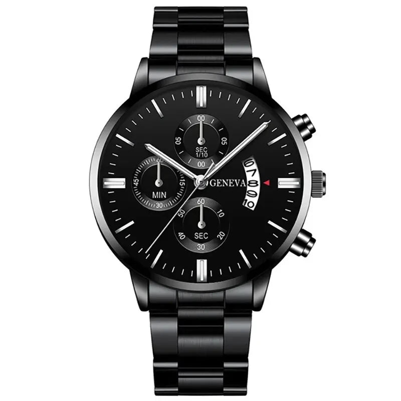 Men’s luxury stainless steel quartz watch with calendar display, stylish business wristwatch from R.E.D. Shopping.