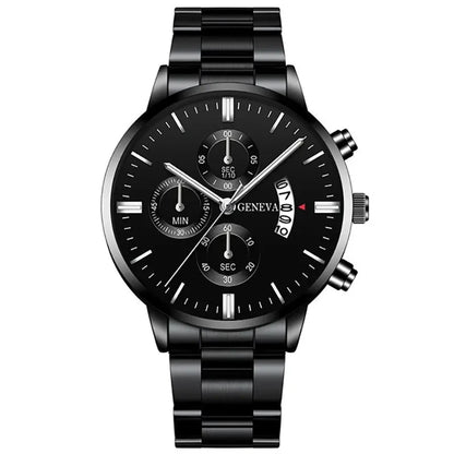 Men’s luxury stainless steel quartz watch with calendar display, stylish business wristwatch from R.E.D. Shopping.