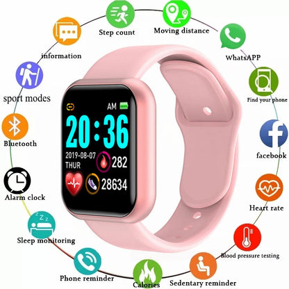 R.E.D. Shopping Y68/D20 smartwatch showing a digital display with fitness tracking, sleep monitor, and music control features.