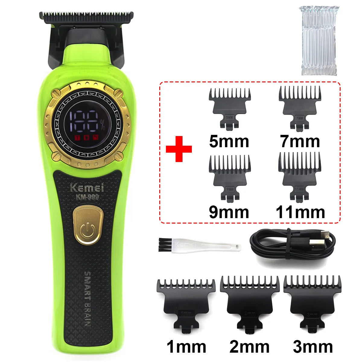 Kemei KM-999 Professional Hair Trimmer – DLC T-Blade, Zero Gap, LED Display, Cordless USB Clipper