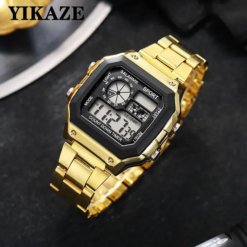YIKAZE Men's Military LED Sport Watch - Luxury Stainless Steel Strap, Waterproof Digital Wristwatch