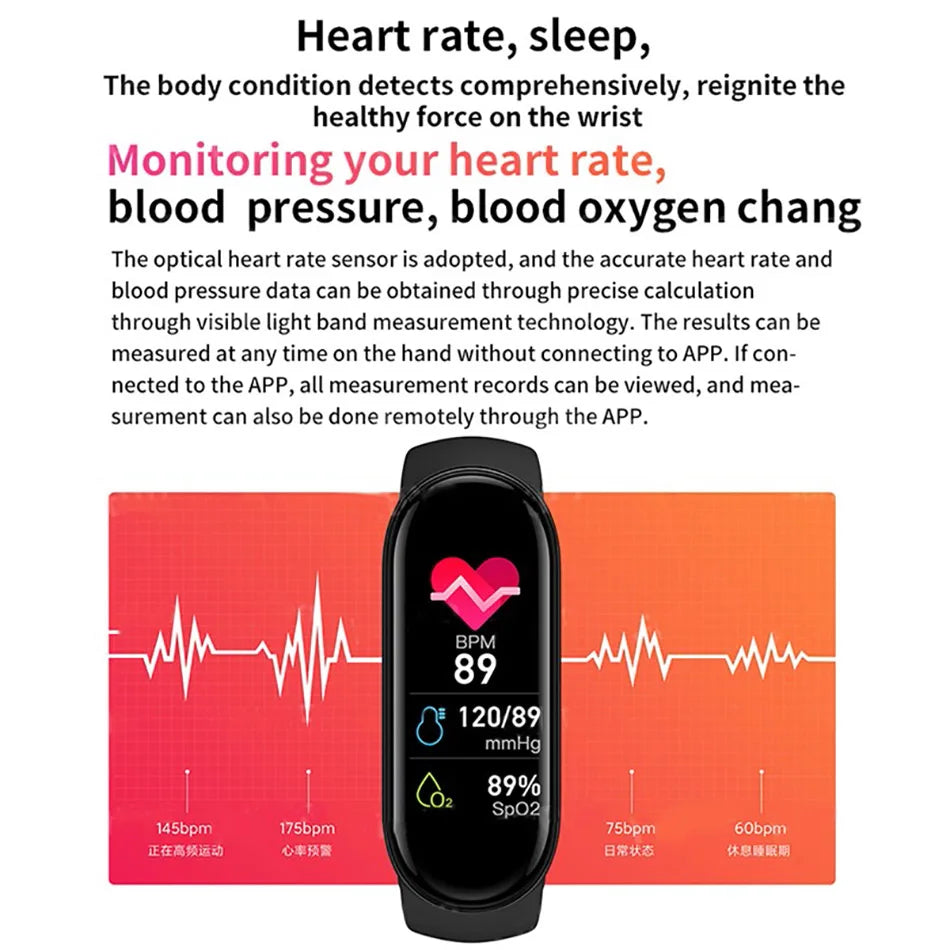 R.E.D. Shopping M6 Smart Fitness Bracelet showing digital display with heart rate and sleep monitoring features, waterproof design.