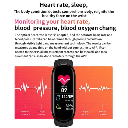 R.E.D. Shopping M6 Smart Fitness Bracelet showing digital display with heart rate and sleep monitoring features, waterproof design.