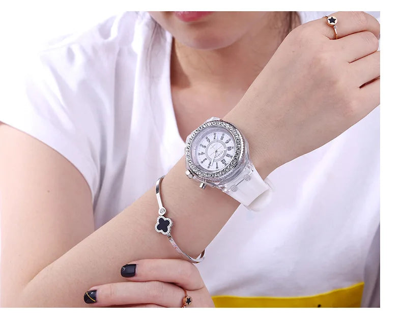LED Flash Luminous Watch by R.E.D. Shopping featuring rhinestone accents and silicone strap, suitable for kids and adults.