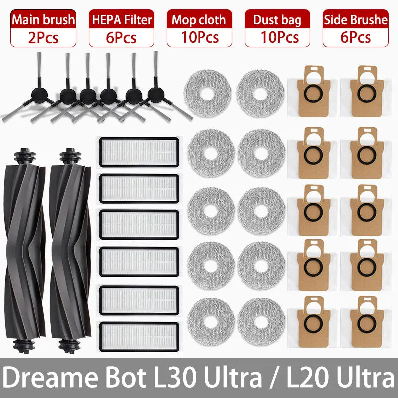 Dreame Bot L30 Ultra / L20 Ultra Replacement Parts | Main Brush, Side Brush, HEPA Filter, Mop, Dust Bag