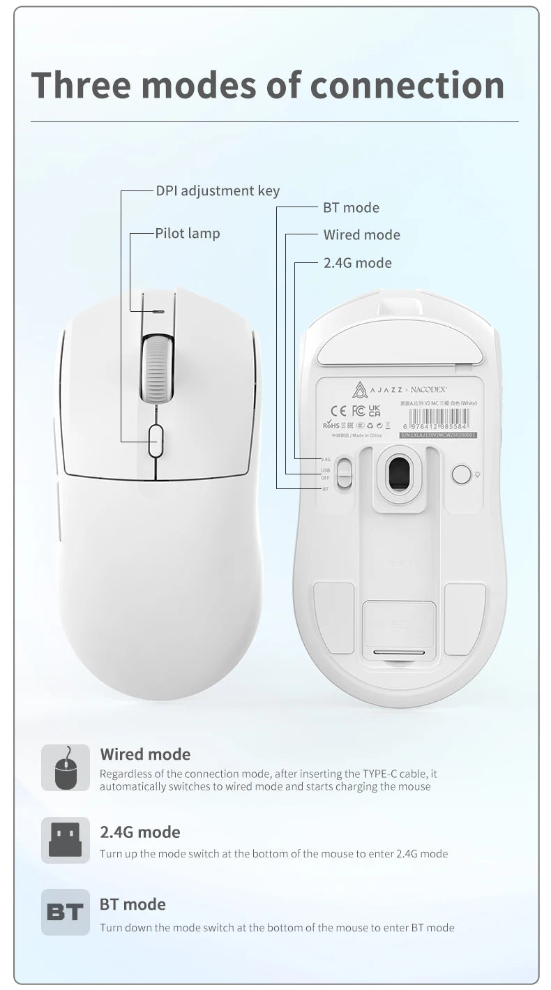 AJAZZ AJ139 V2 MC Wireless Gamer Mouse with Dock PAW3311 Gaming Sensor 12000DPI Max Tri-mode Connect Mice for Laptop PC
