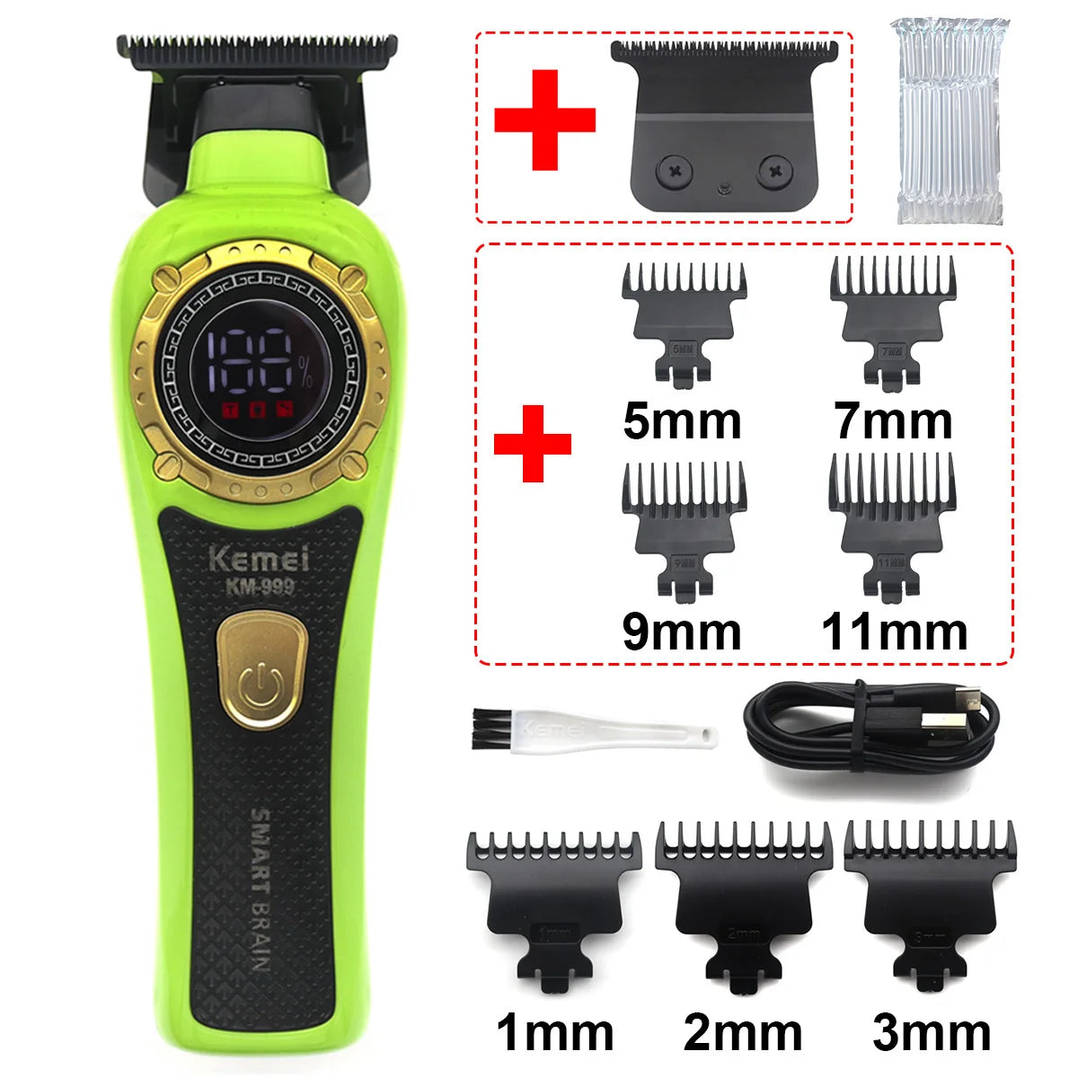 Kemei KM-999 Professional Hair Trimmer – DLC T-Blade, Zero Gap, LED Display, Cordless USB Clipper
