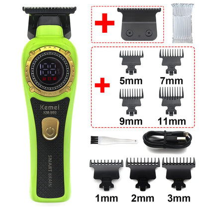 Kemei KM-999 Professional Hair Trimmer – DLC T-Blade, Zero Gap, LED Display, Cordless USB Clipper