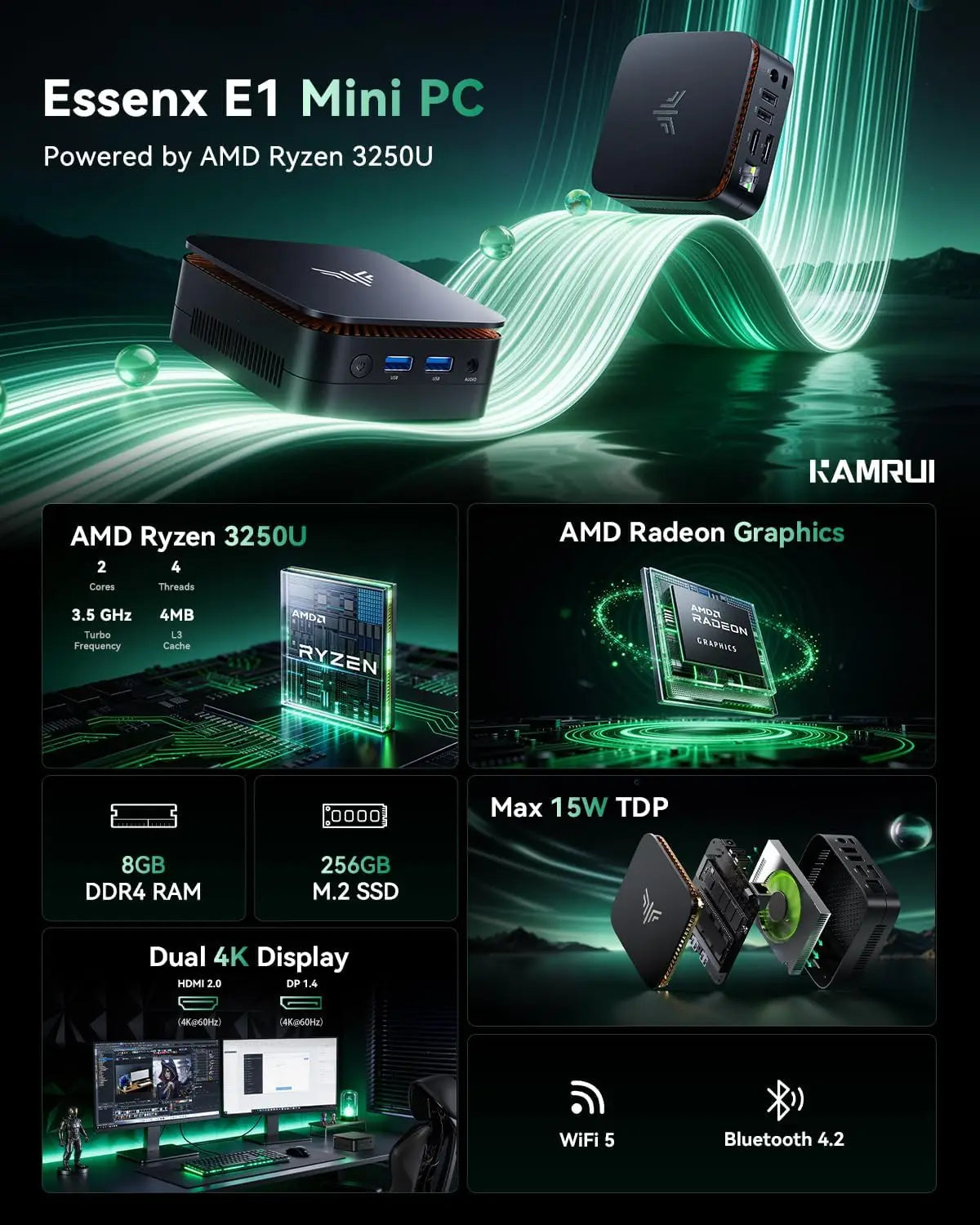 KAMRUI E1 Mini PC – AMD Ryzen 3 3250U, 8GB DDR4, 256GB SSD, Windows 11 Pro, 4K Support